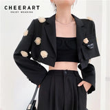 Designer Black Cropped Blazer Fall 2021 Womens Fashion Floral Patch High Fashion Coat And Jacket Short Suits
