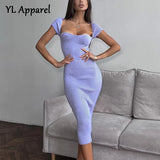 Woman Spring Summer Square Collar Short Sleeve Bodycon Knitted Mid-calf Office Dress Female Green Purple Elegant