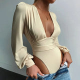 Black Deep V Neck Bodysuit Women Sexy Puff Sleeve Bodycon Jumpsuit Solid Elastic Casual Party Winter Bodysuits Body