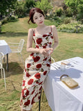 Slash Neck Spaghetti Strap Rose Floral Chiffon Midi Dress for Women Party Elegant Bodycon Beach Robe Vestidos Summer