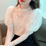 Blouse Women Sweet Stand Collar Elegant Korean Shirt Summer Puff Short Sleeve Tops Flower Crochet Ladies Blusas Mujer
