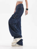 Vintage Baggy Jeans Women's Pockets Wide Leg Cargo Pants Y2k Streetwear Harajuku Casual High Waist Denim Straight