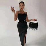 Beading Bandages Dress Women Black Feathers Elegant Clothing Celebrity Party Club Bodycon Midi