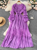 Winter Women Ruffle Pleated Long Dress Vintage Round Nec Puff Sleeve High Waist Draped Maxi Vestidos Green/Red/Purple