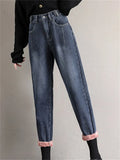 winter thick warm fleece womens high waist Women's boyfriend harem jeans baggy woman denim Pants jean mom jeans