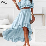 woman's skirt sets solid strapless sexy elastic waistless ruffle short puff sleeve tops skirt casual party 2-piece