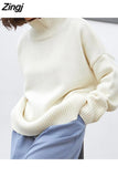 Women's Turtleneck Sweater White Jumper Warm Knitwear Green Pullover Women Thick Loose Elegant Sweater for Women
