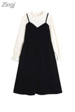 Vintage Patchwork Women Dress Female O-Neck Long Sleeve Fake Two Pieces Dress Elegant High Waist A-line Mid Long