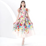 Style V Tie With Belt Mesh Yarn Leaves Side Splicing Large Swing Printing Long Dress 2025