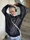 y2k Crochet Sweater Hollow Out Loose Smock Grunge Fishnet Distressed Pullovers Oversized Knit Jumper Harajuku