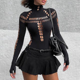 Zingj 2023 New Hot Girl Hollow Hole Spider Web High Collar Slim Onesie