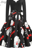 Big Swing Print Vintage Christmas Dress Women Winter Casual Long Sleeve V Neck Sexy New Year Party Dress