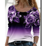 Long Digital Printing Sleeve Loose Neck Casual Pullover Print