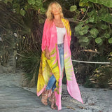 Boho Parrot Printed Front Open Summer Beach Dress Sexy White Chiffon Tunic Women Plus Size Beachwear Long Kimono Dress
