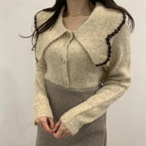 Fashion Women Sweaters Sweet Patchwork Ruffled Knitted Sweater Vintage Peter Pan Collar Pull Femme Winter Pullovers