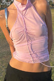 Halter Tie-up Backless Tank Crop Tops 2023 Sexy Women Y2K Camis See Through Ruched Off Shoulder Exposed Navel