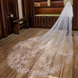 White Ivory Two Layer Lace Wedding Veil with Pink Flowers Cathedral Long Bridal Veils with Metal Comb Wedding Accessories