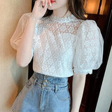 Blouse Women Sweet Stand Collar Elegant Korean Shirt Summer Puff Short Sleeve Tops Flower Crochet Ladies Blusas Mujer