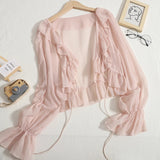 Ruffles Chiffon Sun Protection Shirt Women Solid Lace Up Flare Sleeve Sunscreen Blouses Cardigan Loose Casual Thin