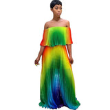 Shoulder Rainbow Color Elegant Women Dress Chiffon Summer Maxi Dress A-line Floor Length Femme Pleated Dress 2019