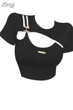 Summer Slim White Tee Tops Streetwear Gothic Harajuku Women's Hollow Out T-shirt Women Vintage Crop Top Y2K T