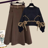 Winter Luxury Two Piece Set For Women Outfit Korean Bow Bandage Knitted Pullover Sweaters+high Waist Woolen Skirts Set