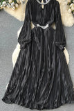 Autumn Women Satin Pleated Party Dress Vintage Diamonds Patchwork Hollow Out Lantern Sleeve Draped Elegant Robe