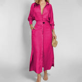 New Temperament Female Commuter With Solid Color To Close Waist Long Sleeve Irregular Shirt Dress