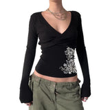 V-Neck Temperament Retro Print T-Shirt 2025 Autumn New Slim Long-Sleeved