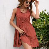 Queens Women Solid Sleeveless Beach Tassel Bohemian Mini Dresses Ladies Polo Neck Loose Boho Dress