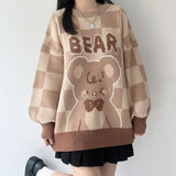 Light Brown Plaid Bear Cartoon Woman Sweaters Japan Kawaii Winter Tops Harajuku Fashion Teens Clothes Knitted