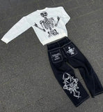 Jeans Women Hip Hop Retro Skull Embroidery Washed Baggy Jeans Harajuku New Straight Casual Loose Wide Leg Pants