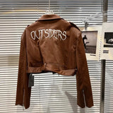 2022 Autumn Moto Style Embroidery Letters Black Bright Pu Faux Leather Jacket Women Coat Belt