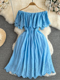 Women Sexy Slash Neck Off Shoulder Vacation Beach Dress Female Elegant Hollow Out Short Sleeve A-Line Mini Robe 2023