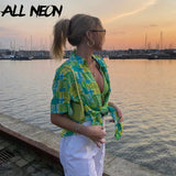 Retro Streetwear Green Plaid Print Oversized Shirts Autumn 90s Fashion Single-breasted Short Sleeve Long Shirt