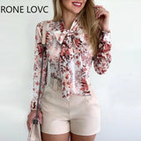 Women Tie Neck Botanical Floral Print Casual Blouse Long Sleeve Top Women Tops and
