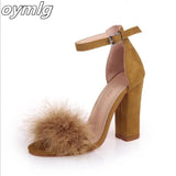 Strap High Heels Faux Fluffy Rabbit Fur Women Sandals 2020 Thick High Heel Party Wedding Summer Lady