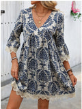 Fashion New WISH / Print V-Neck Lace Seven-Sleeve