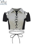 Women Tees Shirt Y2k Girl Cute Sexy Bandage Patchwork Hollow Out Cropped Tops Streetwear Short Sleeve Polo-neck Kawaii T