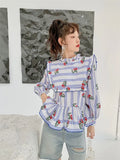 Spring 2022 Fashion Women Vintage Ruffle Long Sleeve Peplum Blouse Floral Top Lantern Sleeve Blue Ladies Top