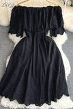 Women Sexy Slash Neck Off Shoulder Vacation Beach Dress Female Elegant Hollow Out Short Sleeve A-Line Mini Robe 2023