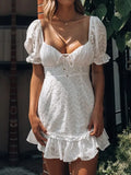 Queens Vintage Women White Hollow Out Square Collar Bohemian Mini Dress Ladies Short Sleeve Bodycon Sexy Boho