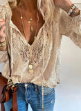 Shirt Women's 2023 Autumn Lace Blouse V-neck Shirt Loose Tops Office Lady Fashion Clothing Clothes Temperament