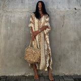 New Black Retro Snake Printed Self Belted Side Split Maxi Dress For Women Plus Size Beachwear Long Kaftan