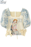 Summer Women's Shirt Puff Sleeve Square Collar Casual Vintage Chic Kawaii Print Top Harajuku Streetwear Loose Female