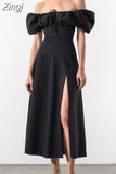 off shoulder pink women summer long dress Puff short sleeve slash neck solid a-line split beach party sundress
