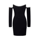Dress Sexy Beading Women Party Club Evening Bodycon Dresses Black Elegant Autumn Winter