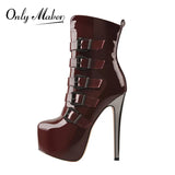 Onlymaker Women's Round Toe Wine Red Platform Side Zipper Thin Heel Thick Heel Short Boots Fashion Lady Booties Big