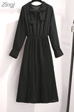 Women Dress Chiffon Elegant Vintage Bow Collar Long Sleeve Autumn Winter Midi Shirt Dresses 2023 Solid Slim Clothes