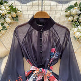 Style Dress Women's Spring New Elegant Dress Collar Lantern Sleeve Print Waist A Short